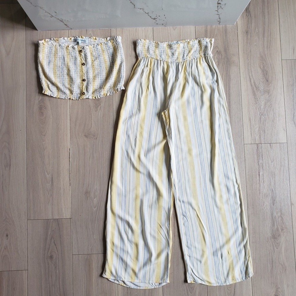 Almost Famous Set Womens Large Yellow Smocked Striped Pant Strapless Top Co-ord
